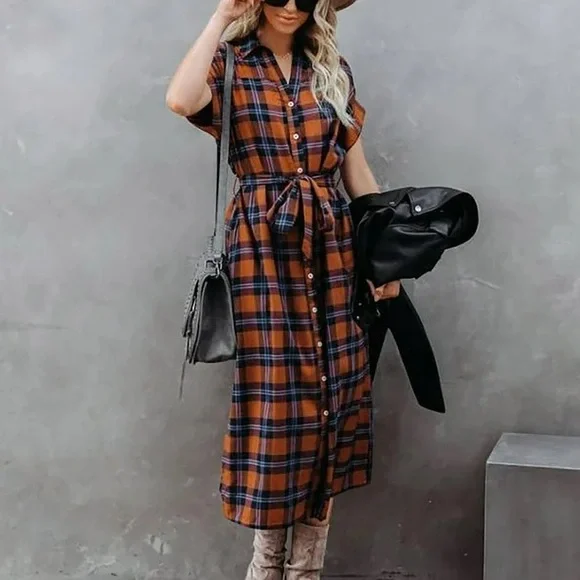 VICI Collection: Brown and Blue Plaid Midi Dress - Picture 3 of 3